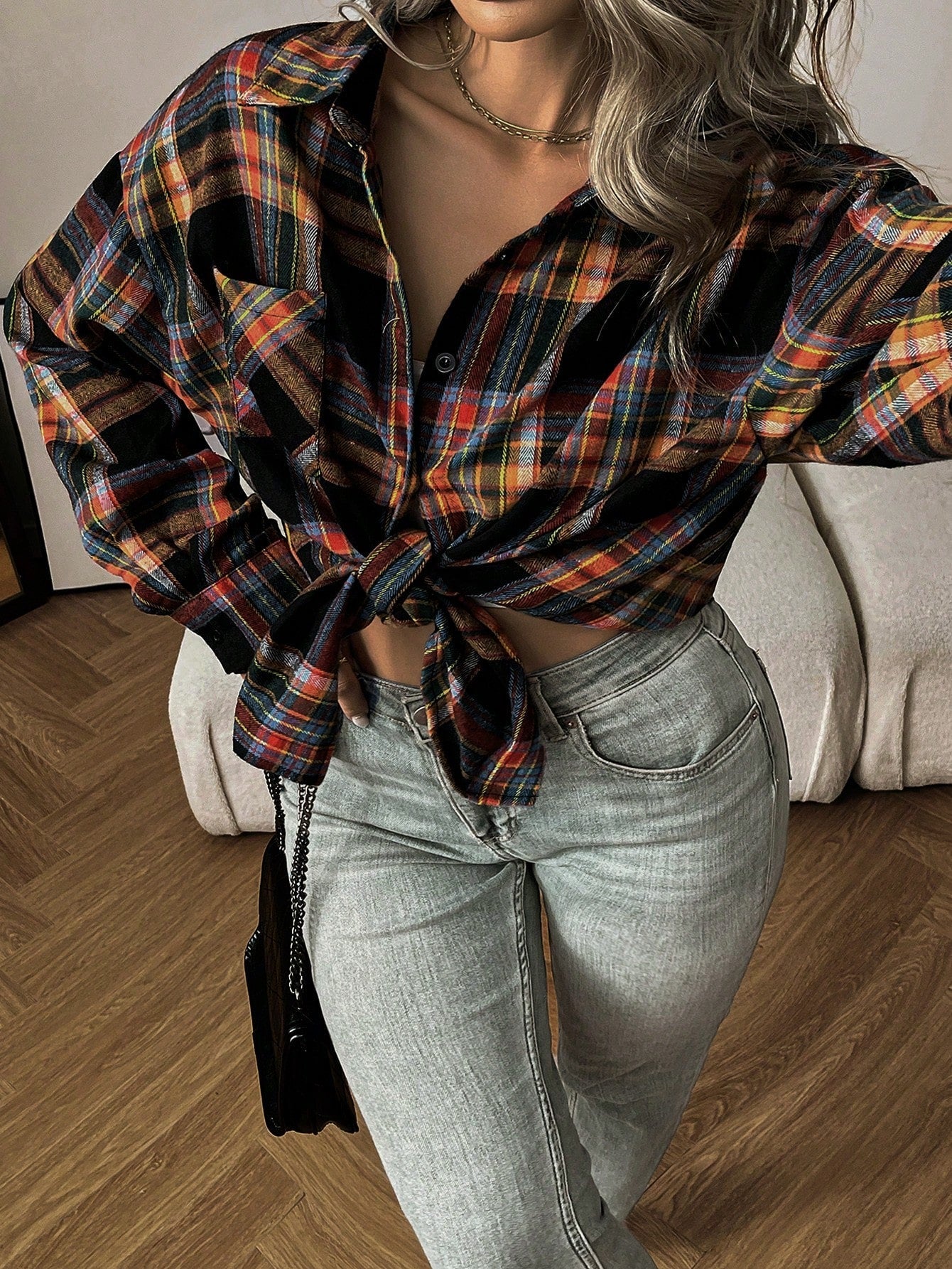 INAWLY Women Retro Plus Size Casual Loose Plaid Print Pocket Shirt, Autumn/Winter Fall Cloth For Women
