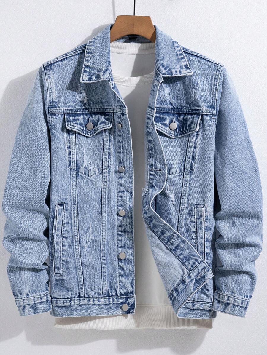 Manfinity Homme Men's Distressed Long Sleeve Denim Jacket, Dark Cotton Plain Black Party Grunge Rapper Going Out Vacation National Park Urban Gym, For Fall