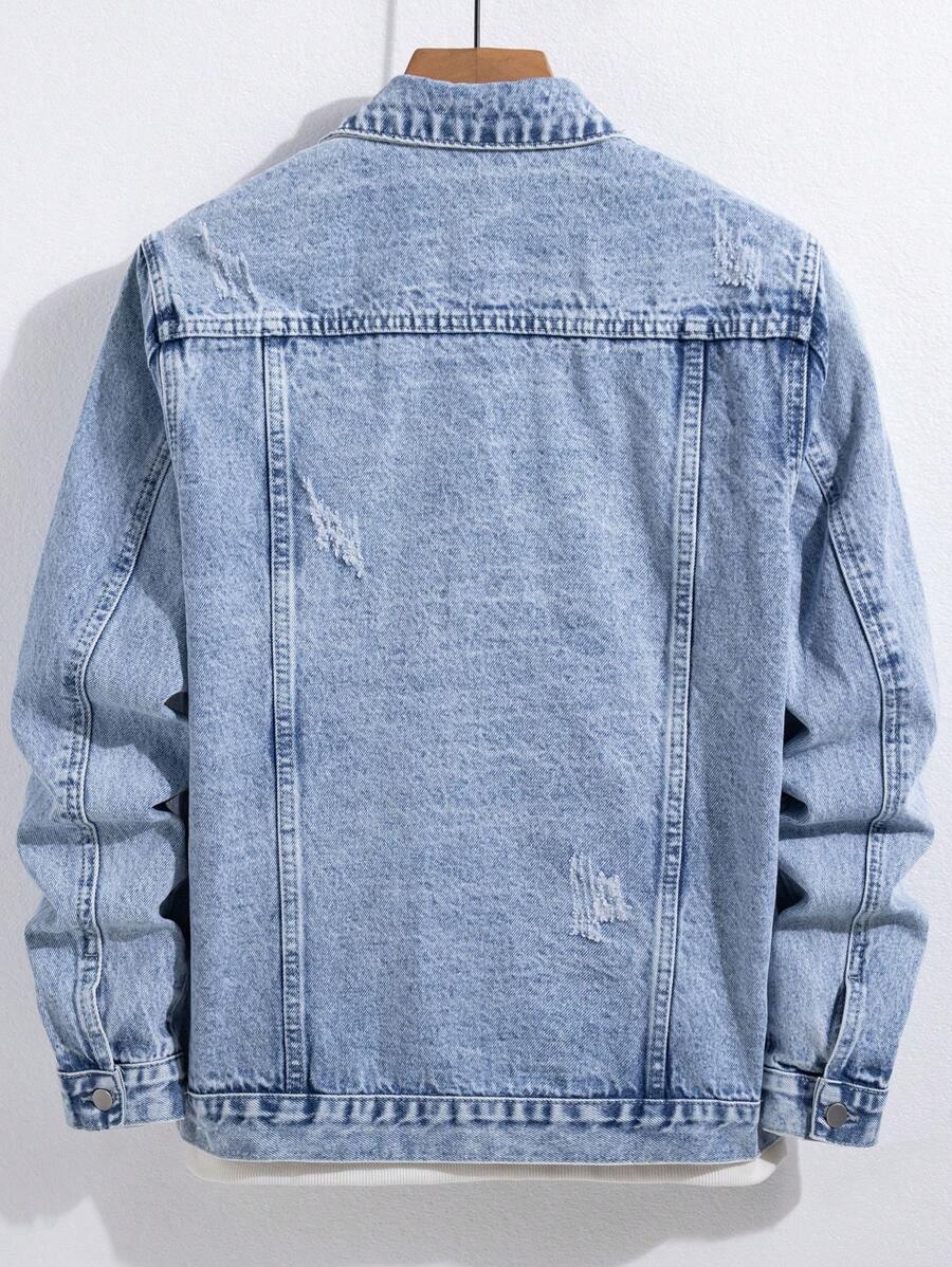 Manfinity Homme Men's Distressed Long Sleeve Denim Jacket, Dark Cotton Plain Black Party Grunge Rapper Going Out Vacation National Park Urban Gym, For Fall