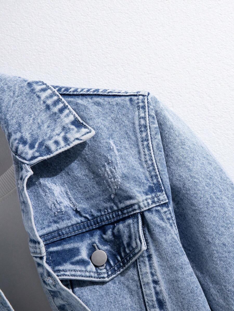 Manfinity Homme Men's Distressed Long Sleeve Denim Jacket, Dark Cotton Plain Black Party Grunge Rapper Going Out Vacation National Park Urban Gym, For Fall