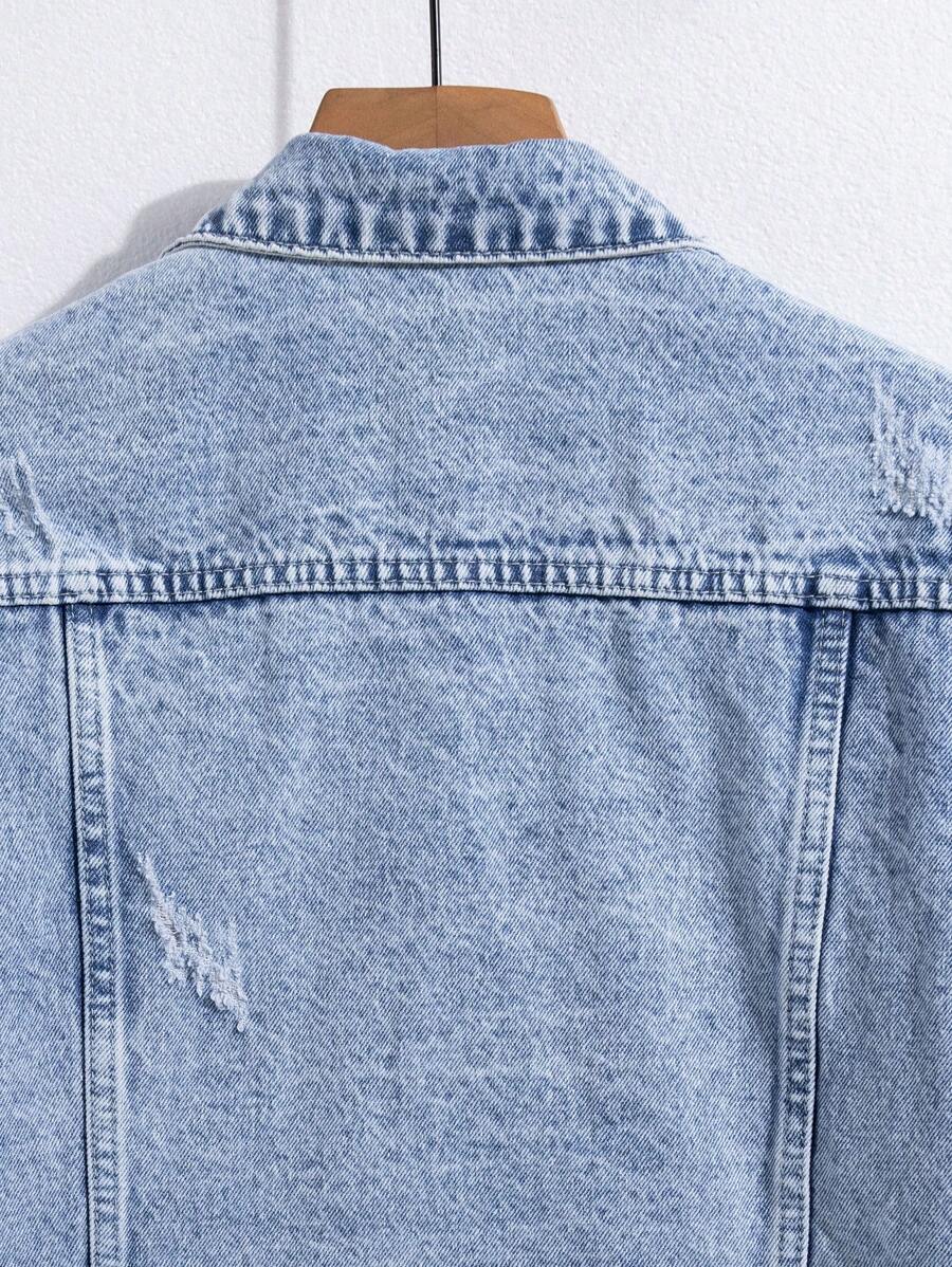 Manfinity Homme Men's Distressed Long Sleeve Denim Jacket, Dark Cotton Plain Black Party Grunge Rapper Going Out Vacation National Park Urban Gym, For Fall