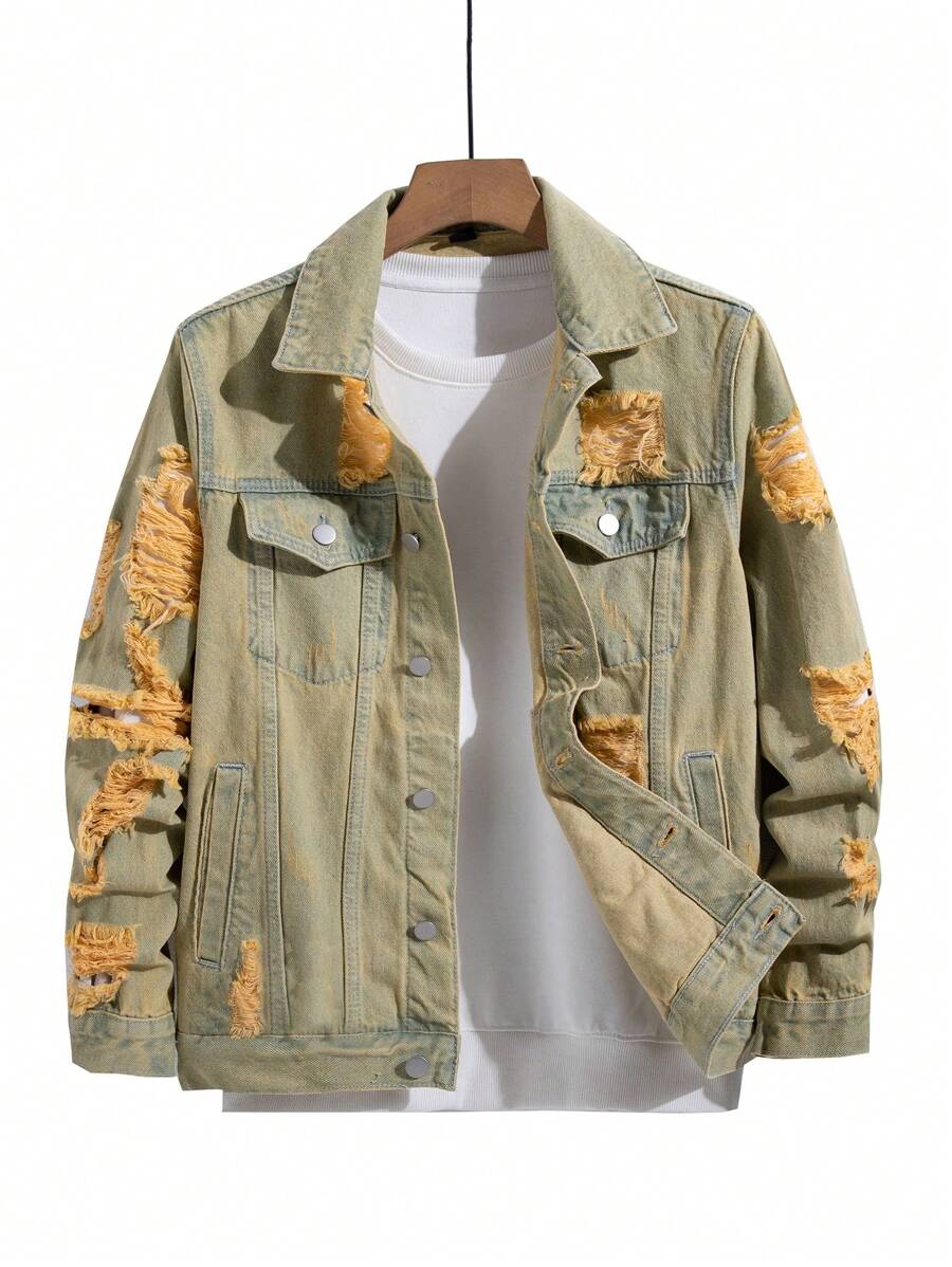 Manfinity Homme Men's Casual Distressed Denim Single Breasted Jacket, Autumn
