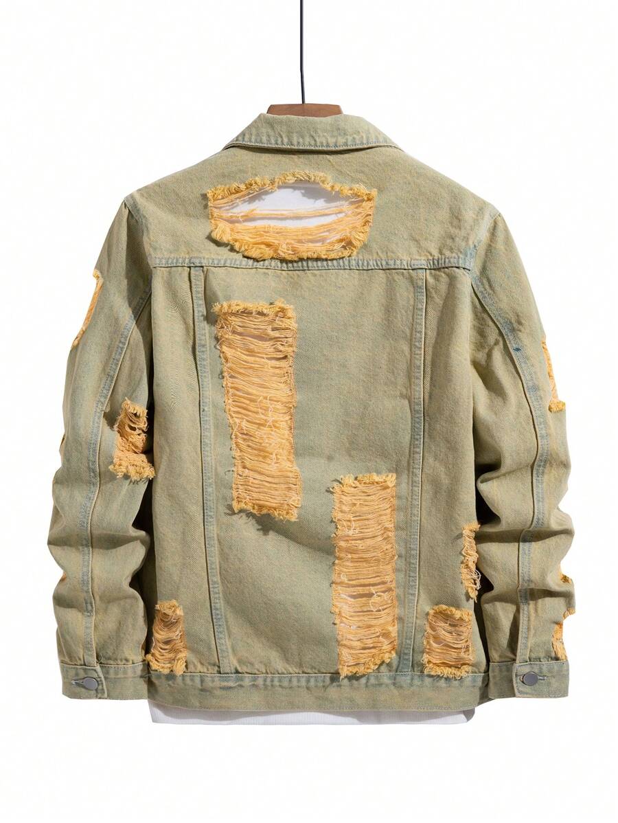 Manfinity Homme Men's Casual Distressed Denim Single Breasted Jacket, Autumn