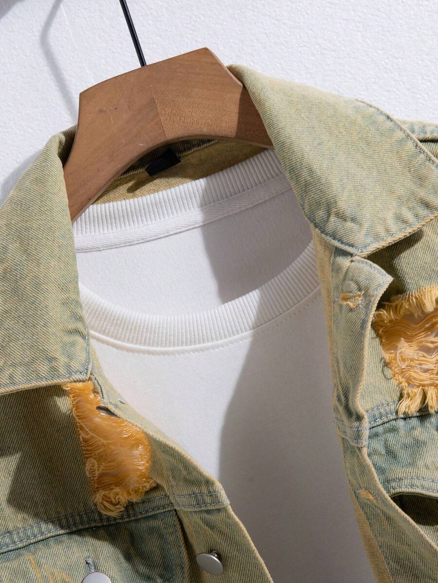 Manfinity Homme Men's Casual Distressed Denim Single Breasted Jacket, Autumn