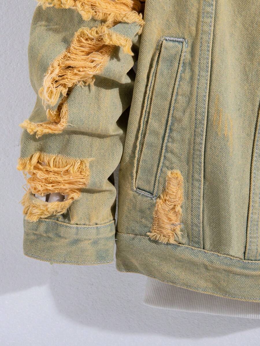 Manfinity Homme Men's Casual Distressed Denim Single Breasted Jacket, Autumn