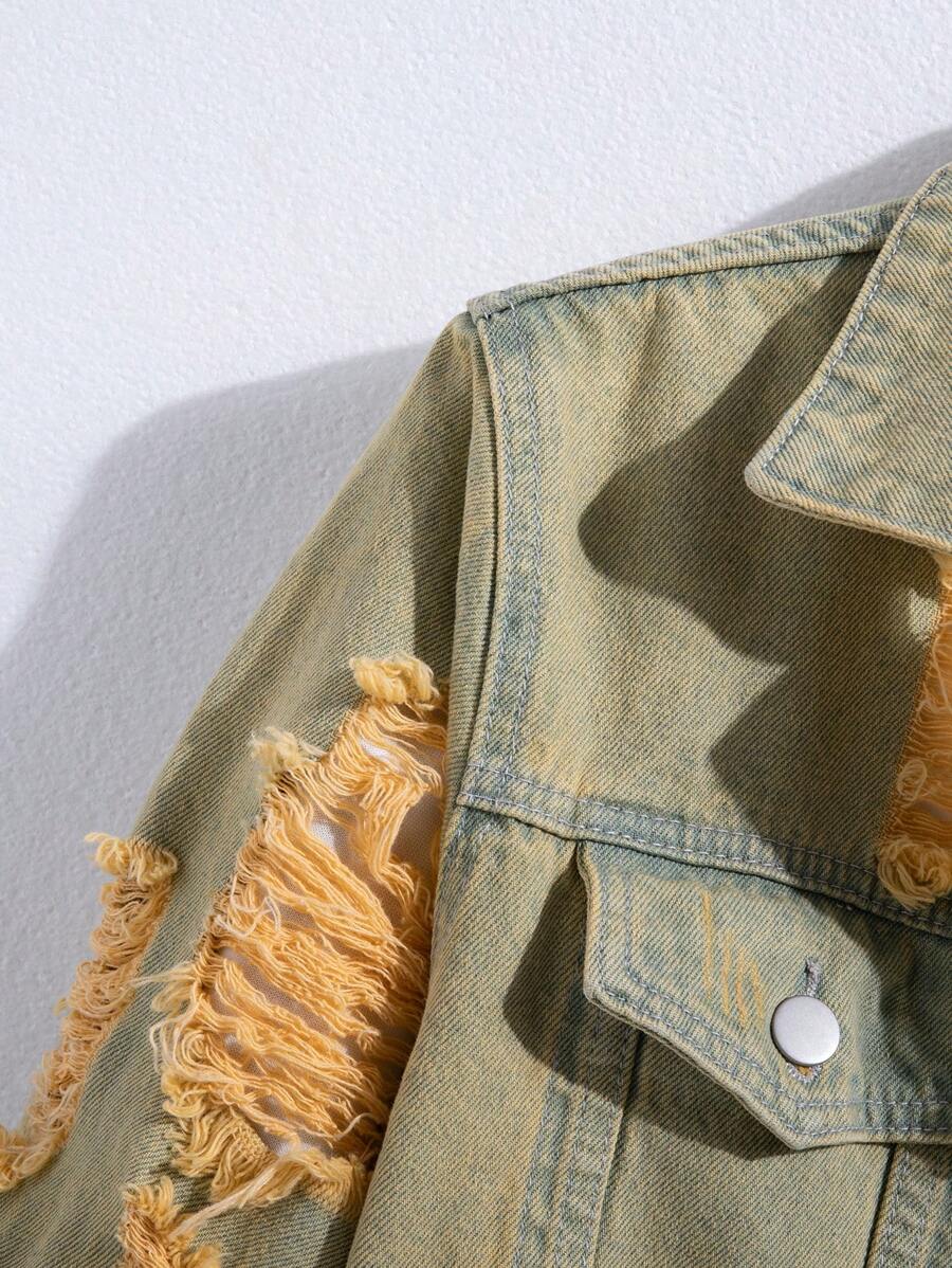 Manfinity Homme Men's Casual Distressed Denim Single Breasted Jacket, Autumn