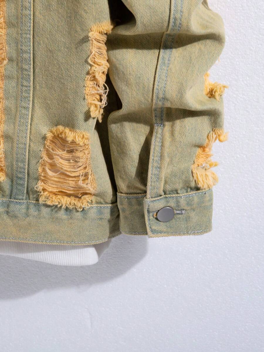Manfinity Homme Men's Casual Distressed Denim Single Breasted Jacket, Autumn