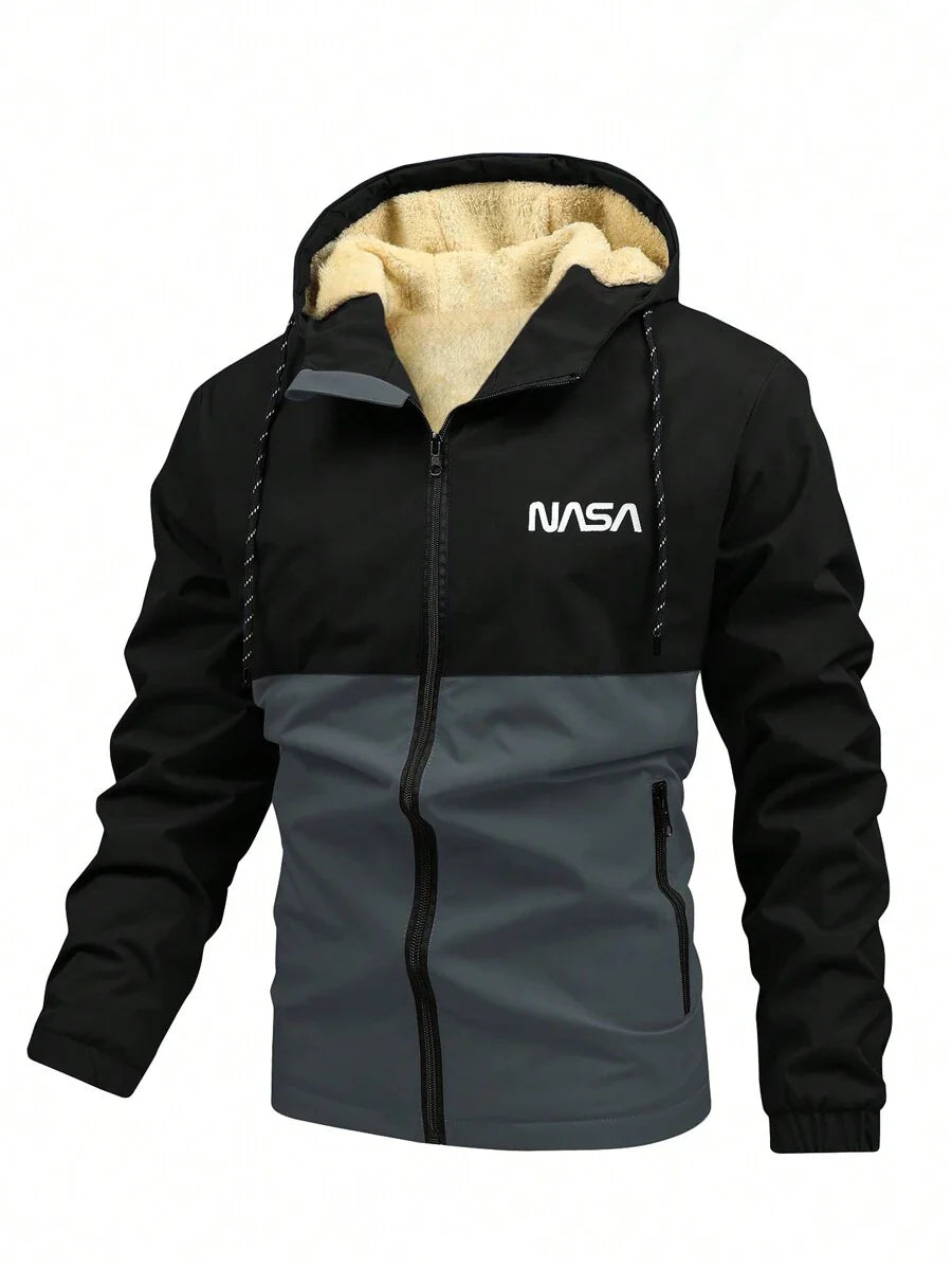 Manfinity Homme Loose-Fit Men's Color Block Letter Print Hooded Fleece Outdoor Windbreaker Jacket Autumn Coat