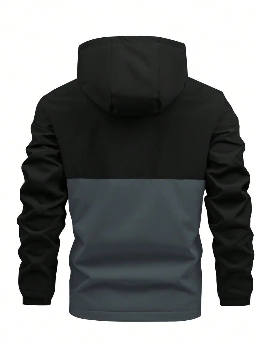 Manfinity Homme Loose-Fit Men's Color Block Letter Print Hooded Fleece Outdoor Windbreaker Jacket Autumn Coat