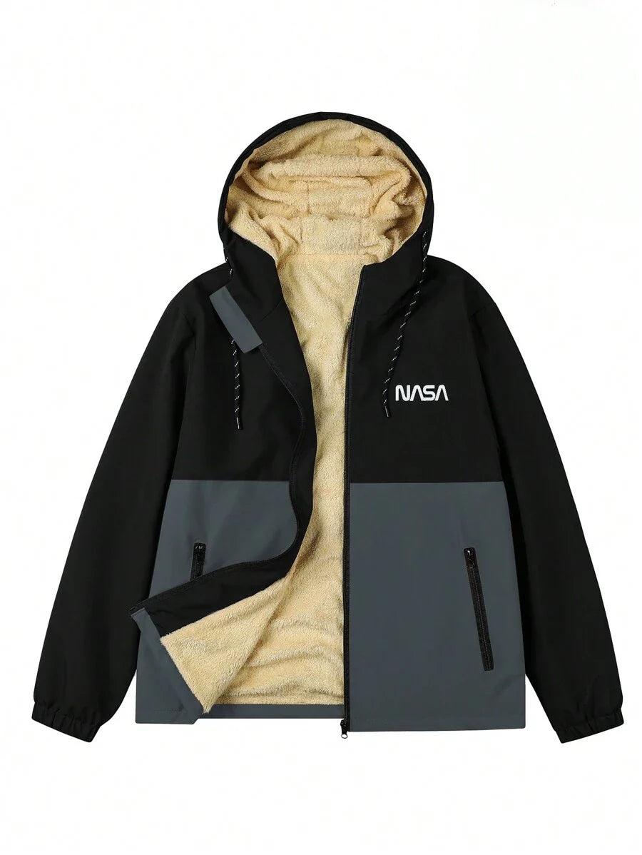 Manfinity Homme Loose-Fit Men's Color Block Letter Print Hooded Fleece Outdoor Windbreaker Jacket Autumn Coat