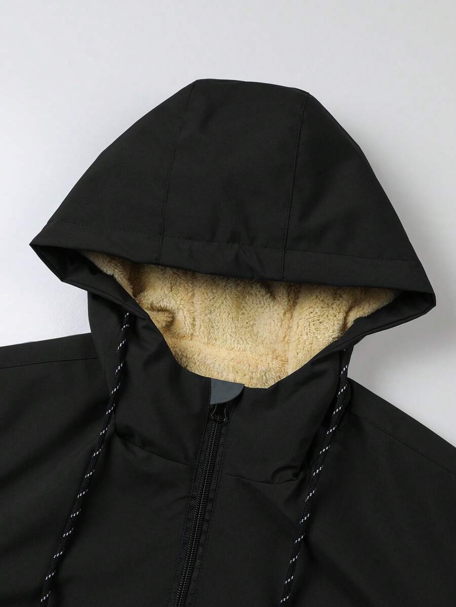 Manfinity Homme New Men's Autumn Winter Outdoor Warm Letter Graphic Colorblock Hooded Fleece Lined Jacket, Windproof Outdoor Windbreaker
