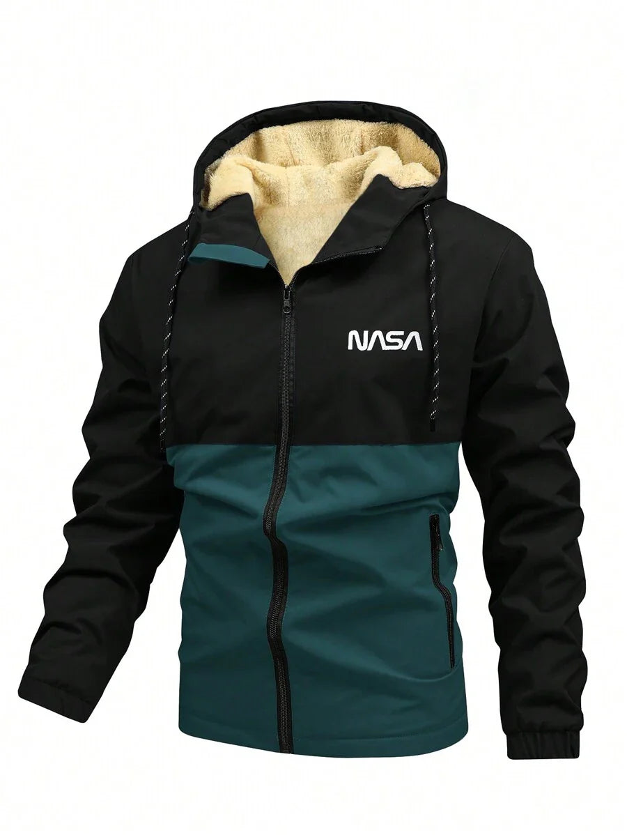 Manfinity Homme Loose-Fit Men's Color Block Letter Print Hooded Fleece Outdoor Windbreaker Jacket Autumn Coat