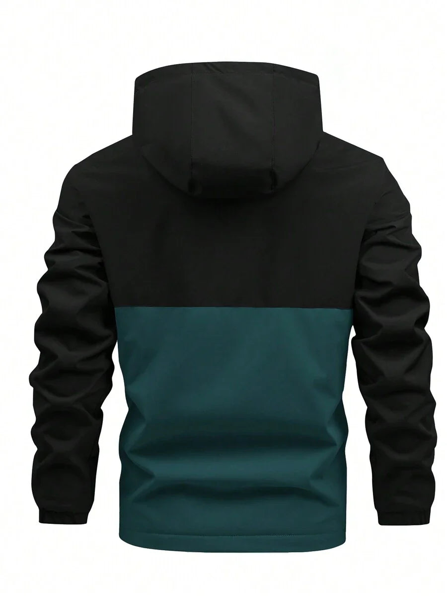 Manfinity Homme Loose-Fit Men's Color Block Letter Print Hooded Fleece Outdoor Windbreaker Jacket Autumn Coat