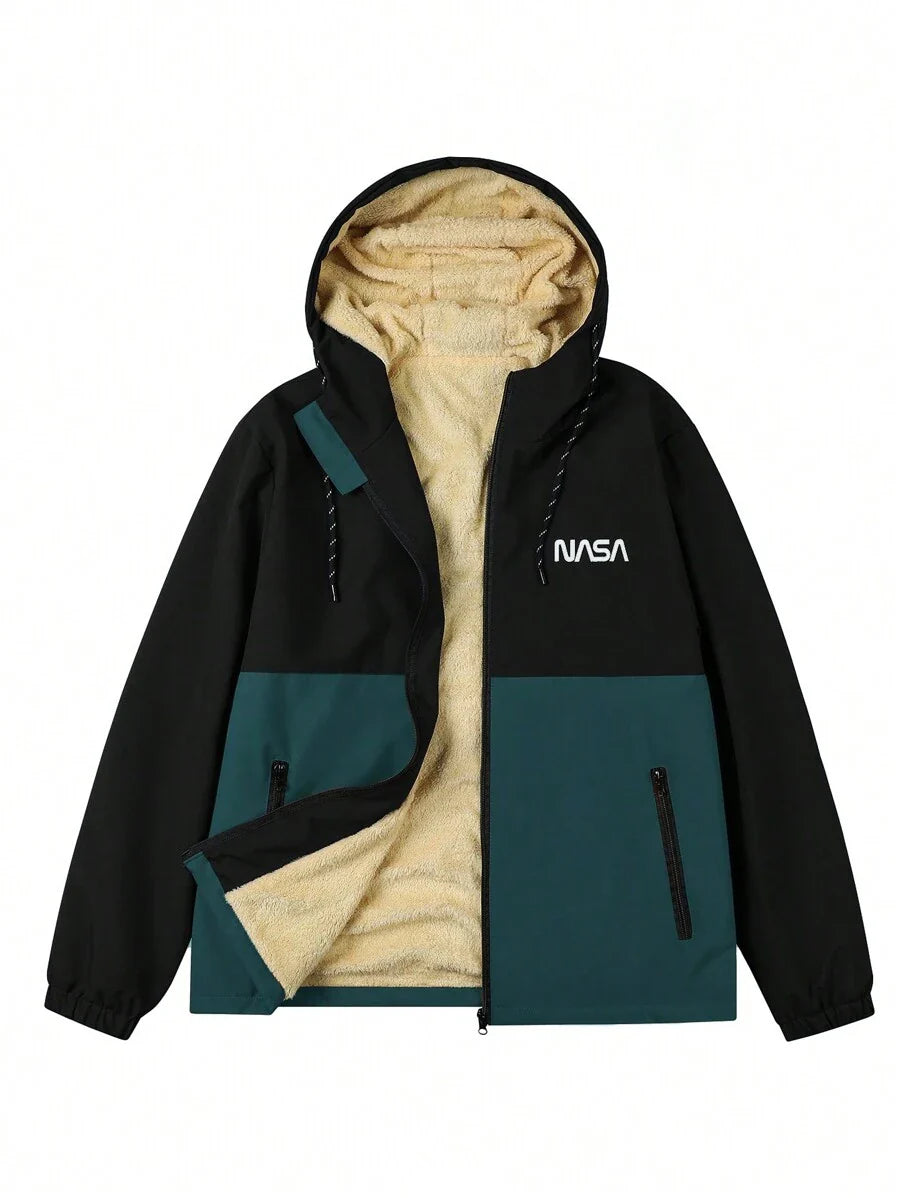 Manfinity Homme Loose-Fit Men's Color Block Letter Print Hooded Fleece Outdoor Windbreaker Jacket Autumn Coat