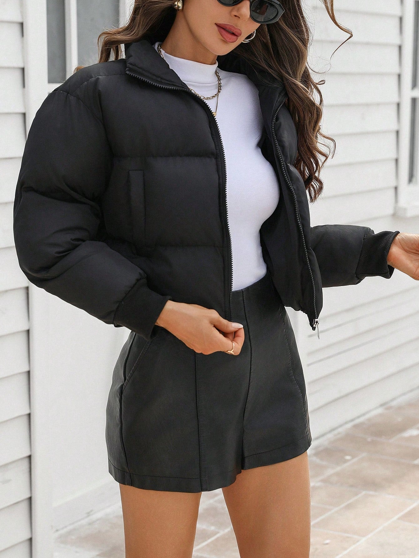 Chiquease 1pc Women's Solid Color Zip-Up Front Pocket Minimalist Long Sleeve Puffer Jacket, Casual Everyday Wear