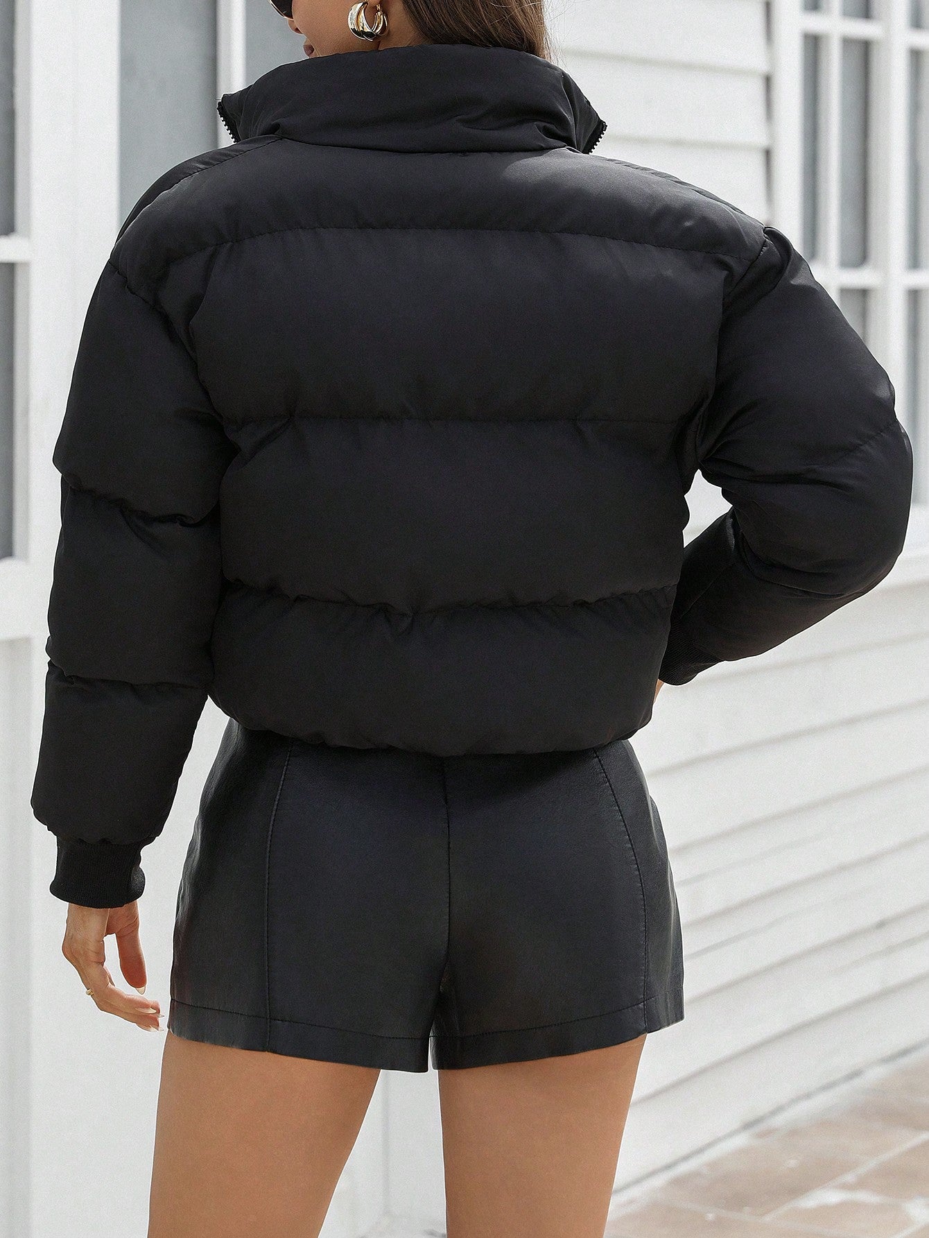 Chiquease 1pc Women's Solid Color Zip-Up Front Pocket Minimalist Long Sleeve Puffer Jacket, Casual Everyday Wear