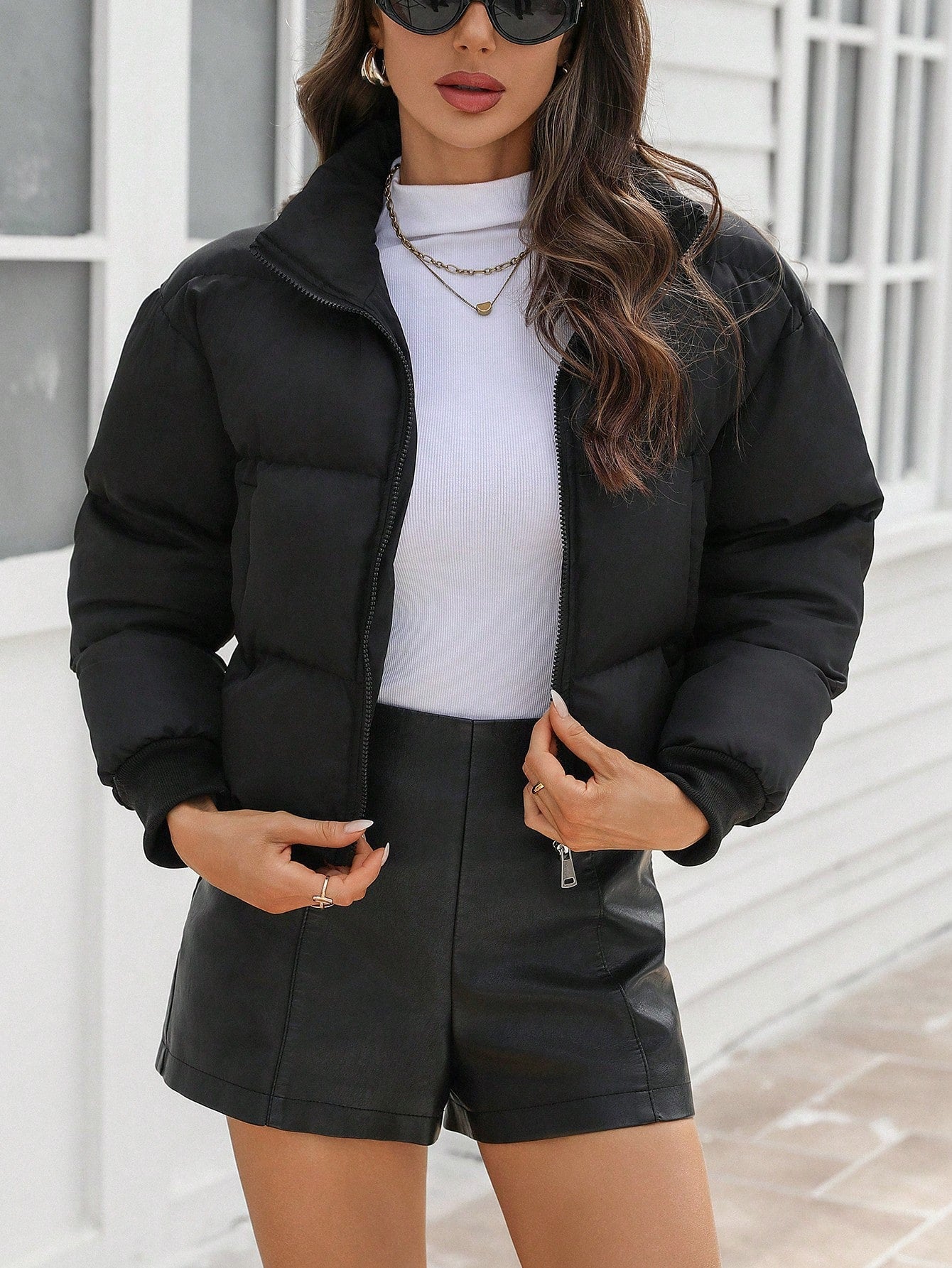Chiquease 1pc Women's Solid Color Zip-Up Front Pocket Minimalist Long Sleeve Puffer Jacket, Casual Everyday Wear