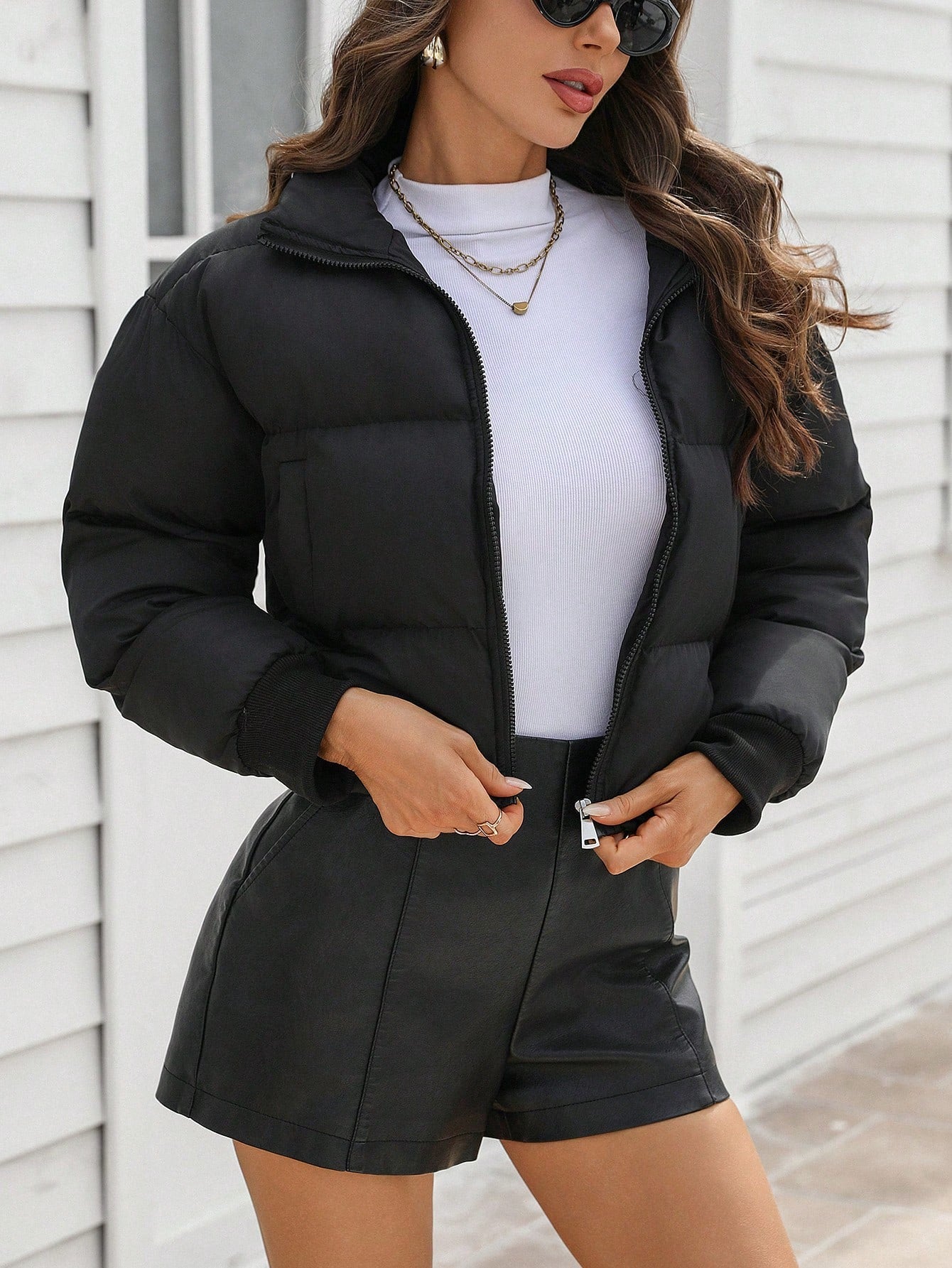 Chiquease 1pc Women's Solid Color Zip-Up Front Pocket Minimalist Long Sleeve Puffer Jacket, Casual Everyday Wear