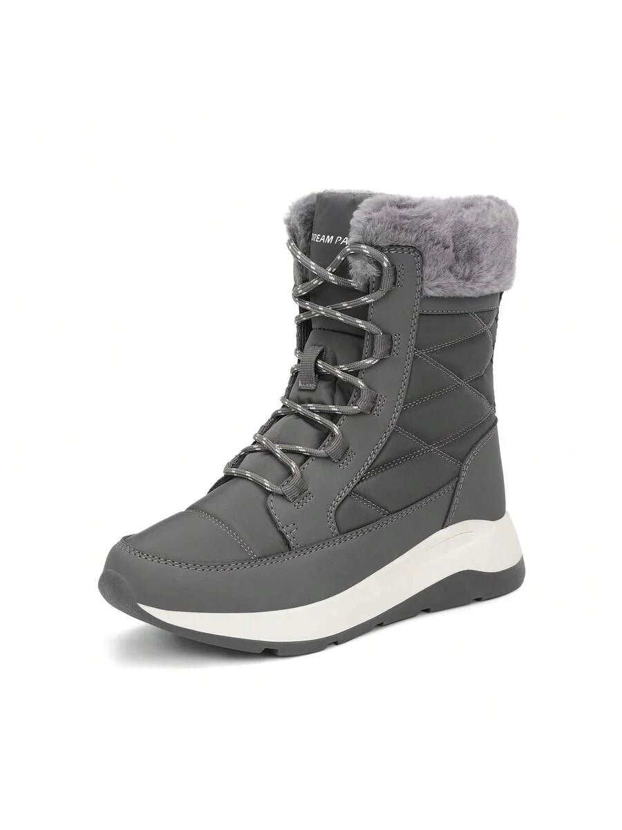 Women's Platform Leather Snow Boots Lace-Up Waterproof Splash-Proof Mid-Boots Faux Fur Flannel Collar Warm Non-Slip Outdoor Black Winter Boots