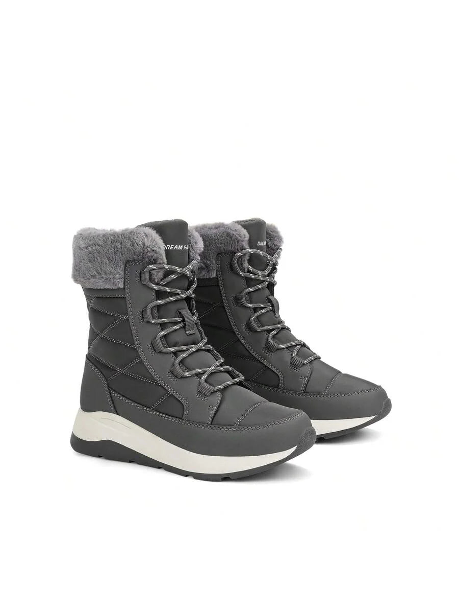 Women's Platform Leather Snow Boots Lace-Up Waterproof Splash-Proof Mid-Boots Faux Fur Flannel Collar Warm Non-Slip Outdoor Black Winter Boots