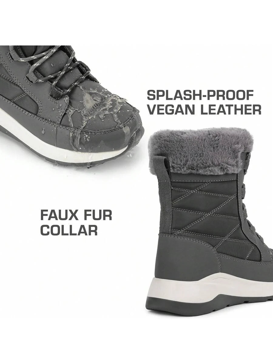 Women's Platform Leather Snow Boots Lace-Up Waterproof Splash-Proof Mid-Boots Faux Fur Flannel Collar Warm Non-Slip Outdoor Black Winter Boots
