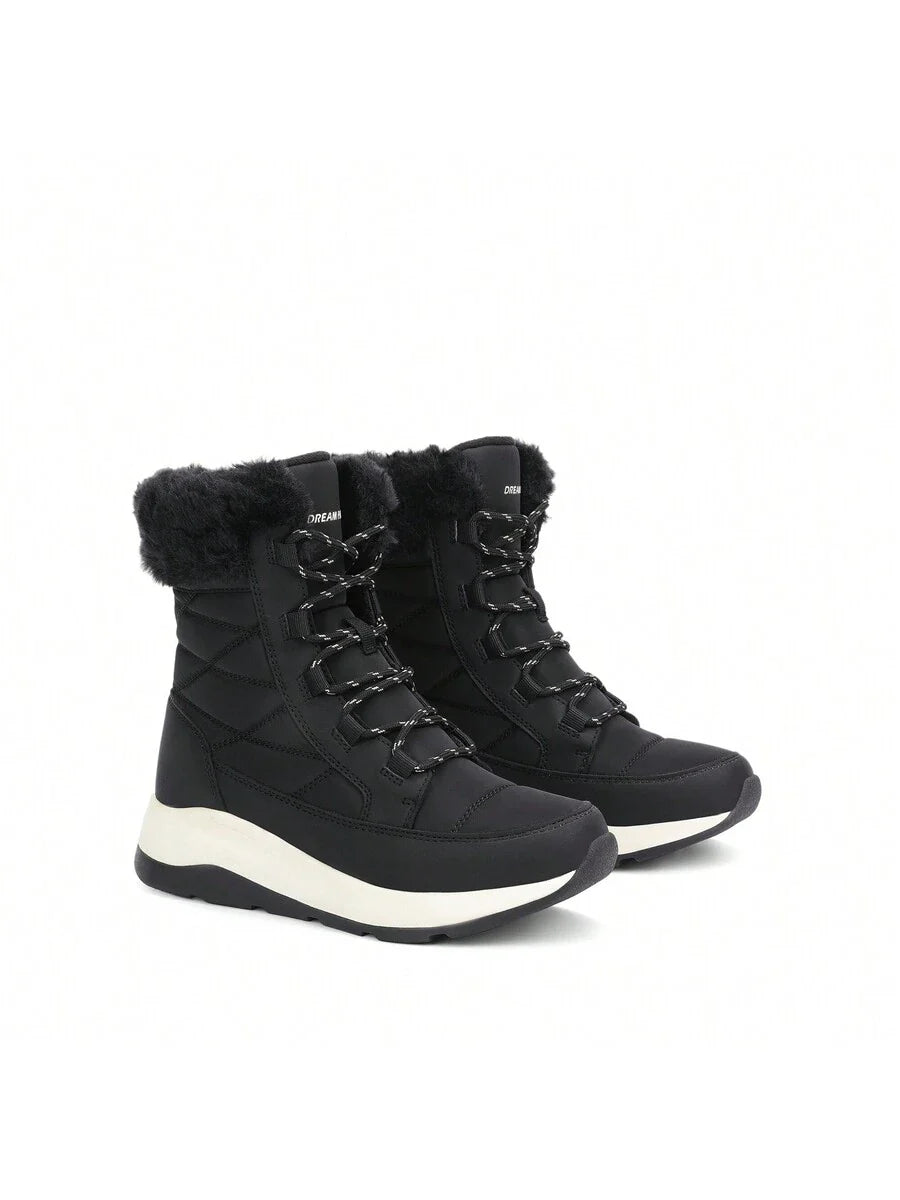 Women's Platform Leather Snow Boots Lace-Up Waterproof Splash-Proof Mid-Boots Faux Fur Flannel Collar Warm Non-Slip Outdoor Black Winter Boots