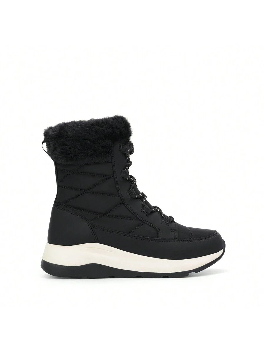 Women's Platform Leather Snow Boots Lace-Up Waterproof Splash-Proof Mid-Boots Faux Fur Flannel Collar Warm Non-Slip Outdoor Black Winter Boots