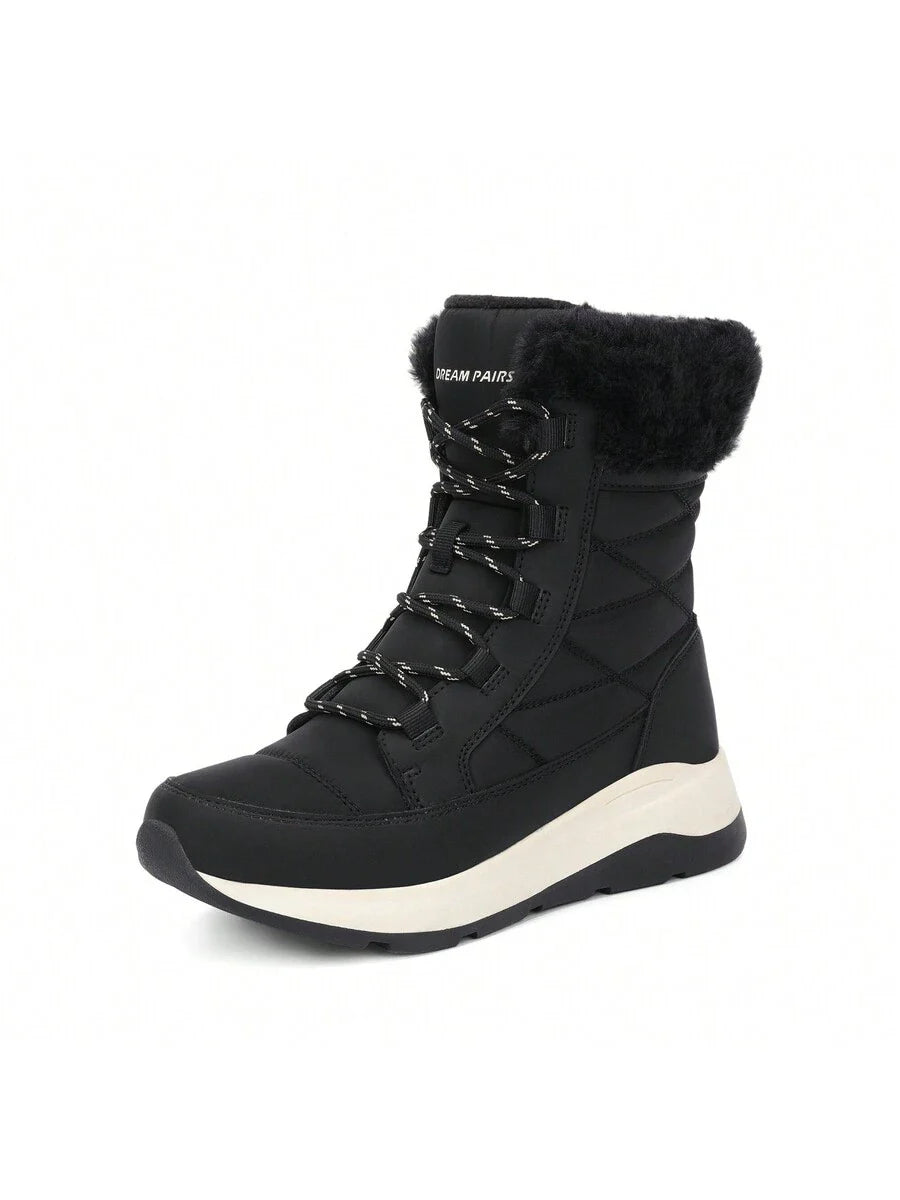 Women's Platform Leather Snow Boots Lace-Up Waterproof Splash-Proof Mid-Boots Faux Fur Flannel Collar Warm Non-Slip Outdoor Black Winter Boots