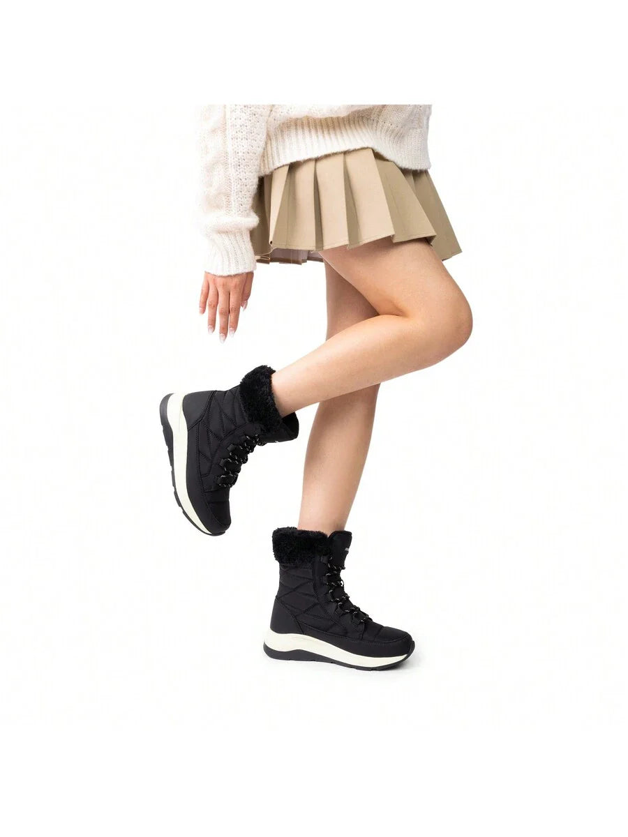 Women's Platform Leather Snow Boots Lace-Up Waterproof Splash-Proof Mid-Boots Faux Fur Flannel Collar Warm Non-Slip Outdoor Black Winter Boots