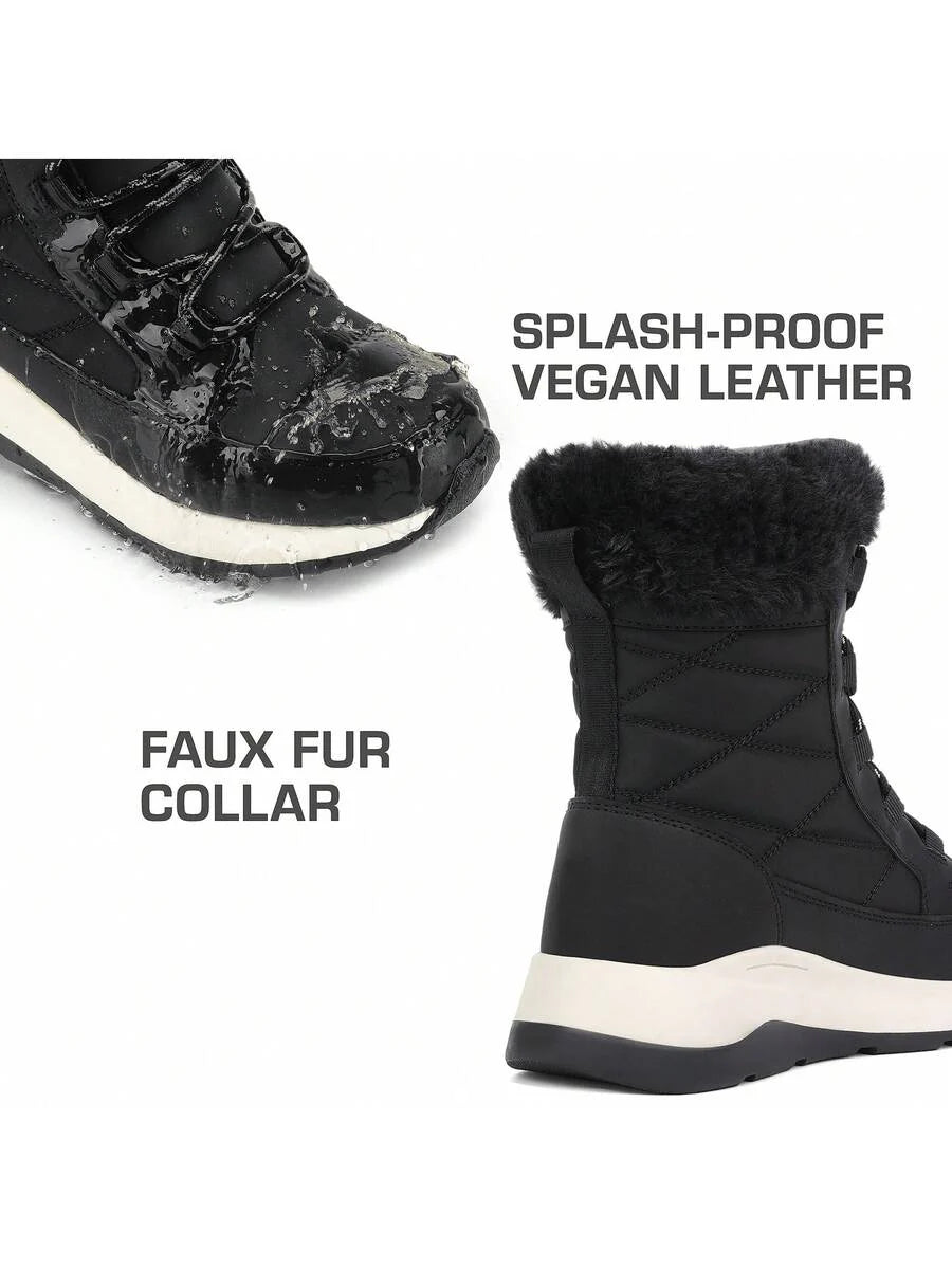 Women's Platform Leather Snow Boots Lace-Up Waterproof Splash-Proof Mid-Boots Faux Fur Flannel Collar Warm Non-Slip Outdoor Black Winter Boots