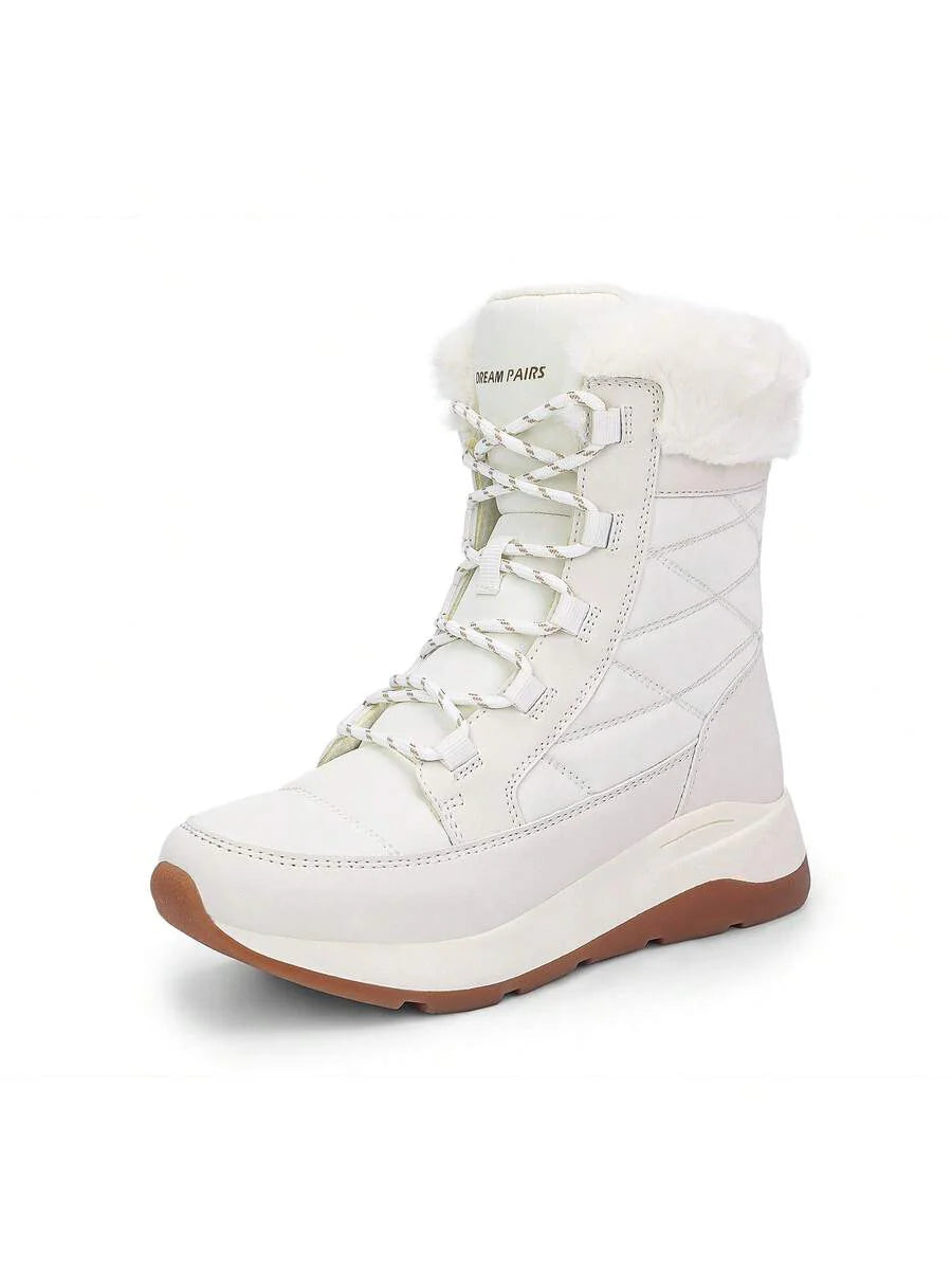 Women's Platform Leather Snow Boots Lace-Up Waterproof Splash-Proof Mid-Boots Faux Fur Flannel Collar Warm Non-Slip Outdoor Black Winter Boots