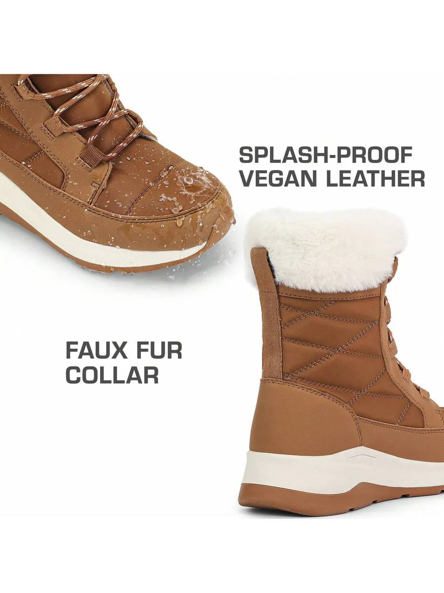 Women's Platform Leather Snow Boots Lace-Up Waterproof Splash-Proof Mid-Boots Faux Fur Flannel Collar Warm Non-Slip Outdoor Black Winter Boots