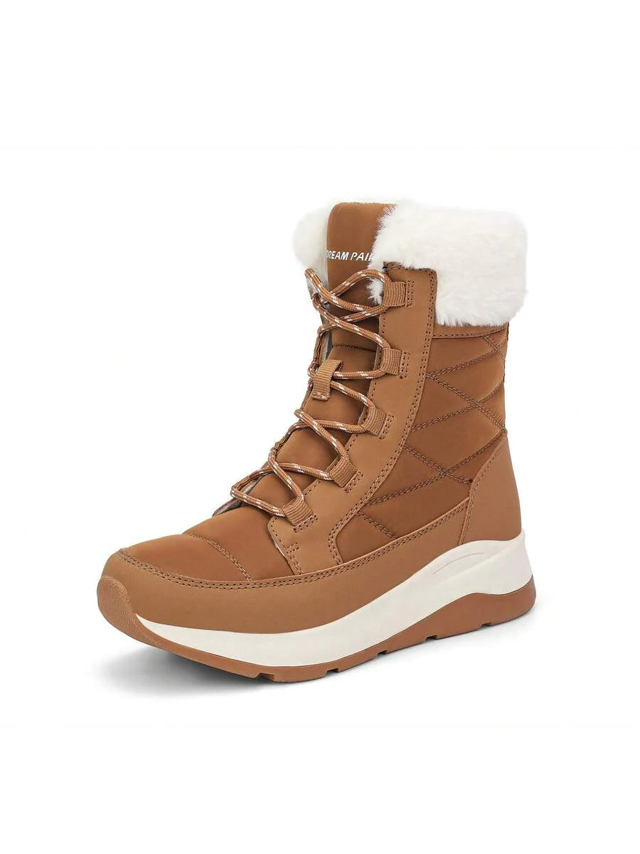 Women's Platform Leather Snow Boots Lace-Up Waterproof Splash-Proof Mid-Boots Faux Fur Flannel Collar Warm Non-Slip Outdoor Black Winter Boots
