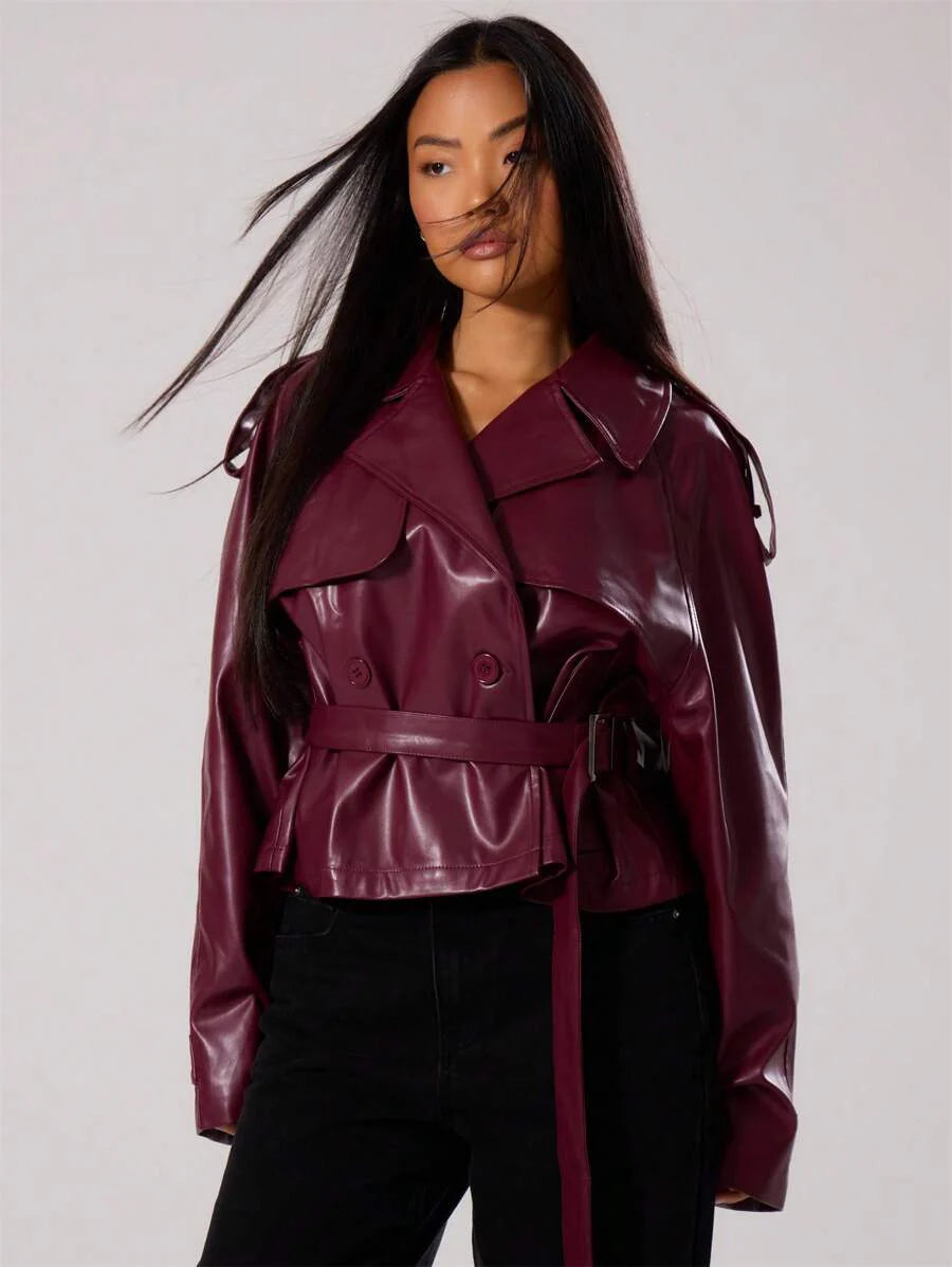 MUSERA PU Faux Leather Jacket Coat Tie Waist Cinched Pocket Detail Crop Trench Style Casual Everyday Winter Fall Autumn Outerwear Christmas