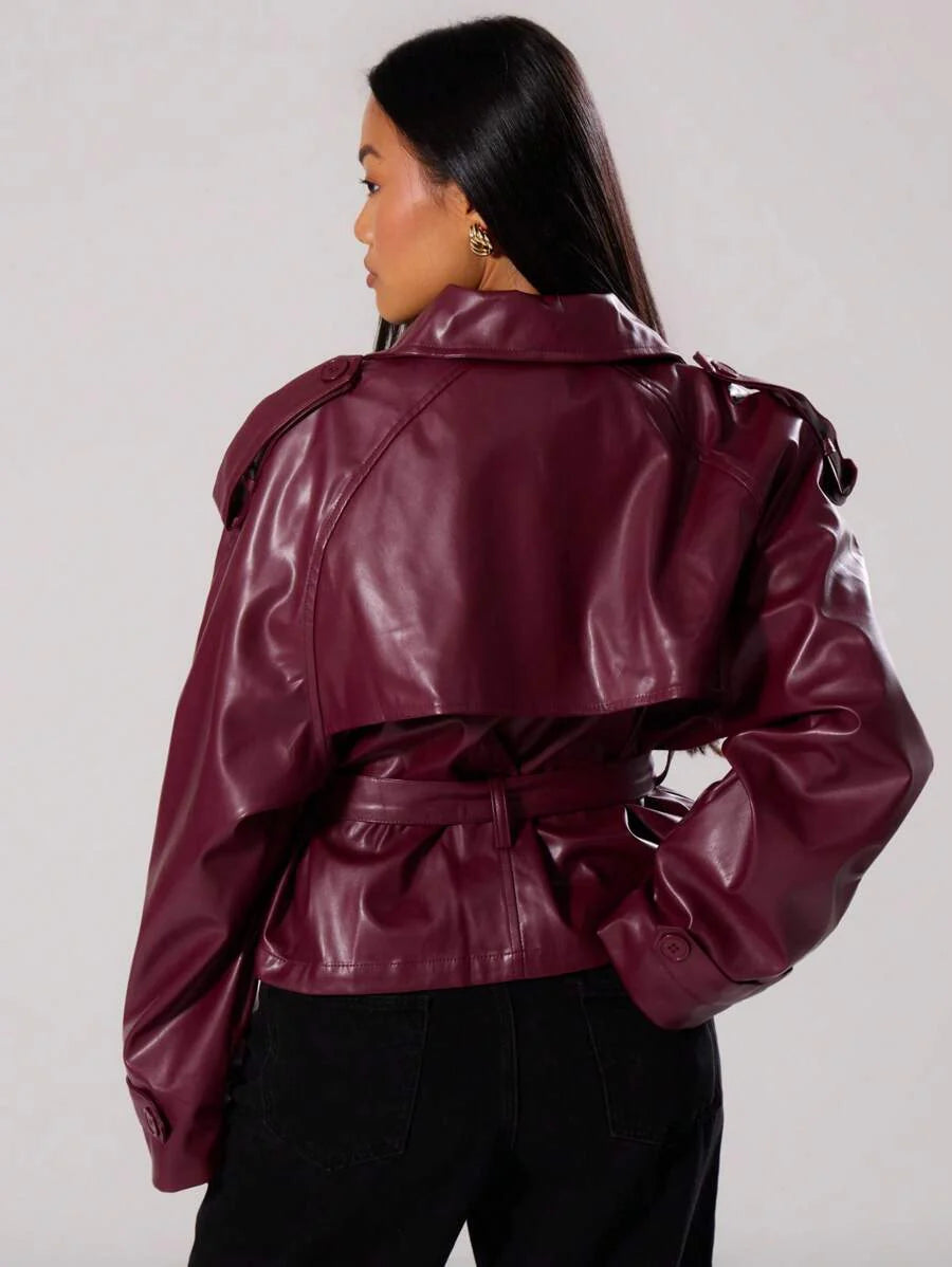 MUSERA PU Faux Leather Jacket Coat Tie Waist Cinched Pocket Detail Crop Trench Style Casual Everyday Winter Fall Autumn Outerwear Christmas