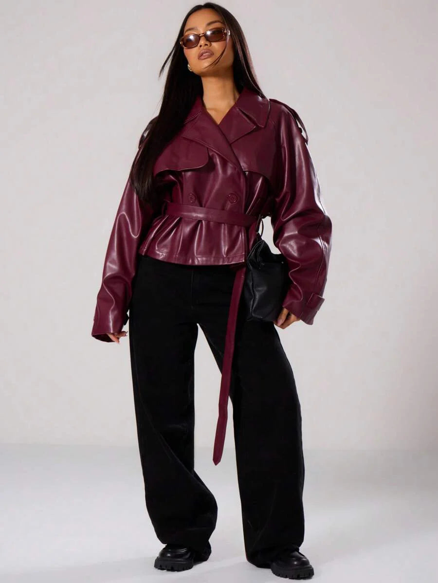 MUSERA PU Faux Leather Jacket Coat Tie Waist Cinched Pocket Detail Crop Trench Style Casual Everyday Winter Fall Autumn Outerwear Christmas