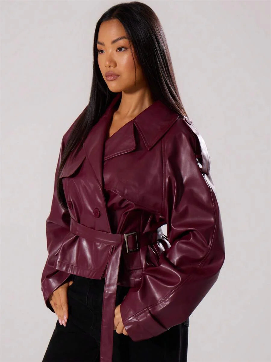 MUSERA PU Faux Leather Jacket Coat Tie Waist Cinched Pocket Detail Crop Trench Style Casual Everyday Winter Fall Autumn Outerwear Christmas