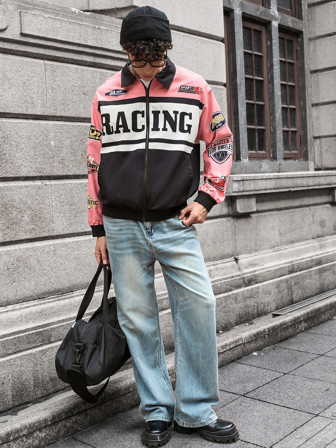 Manfinity RebelGame Men's Woven Casual Loose Fit Long Sleeve Open Front Jacket, Urban Zipper Fashion Colorful Graphic Jacket, For Friends, Husband, Boyfriend Gifts, For Fall Winter