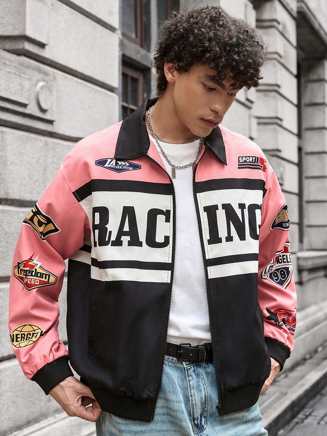 Manfinity RebelGame Men's Woven Casual Loose Fit Long Sleeve Open Front Jacket, Urban Zipper Fashion Colorful Graphic Jacket, For Friends, Husband, Boyfriend Gifts, For Fall Winter