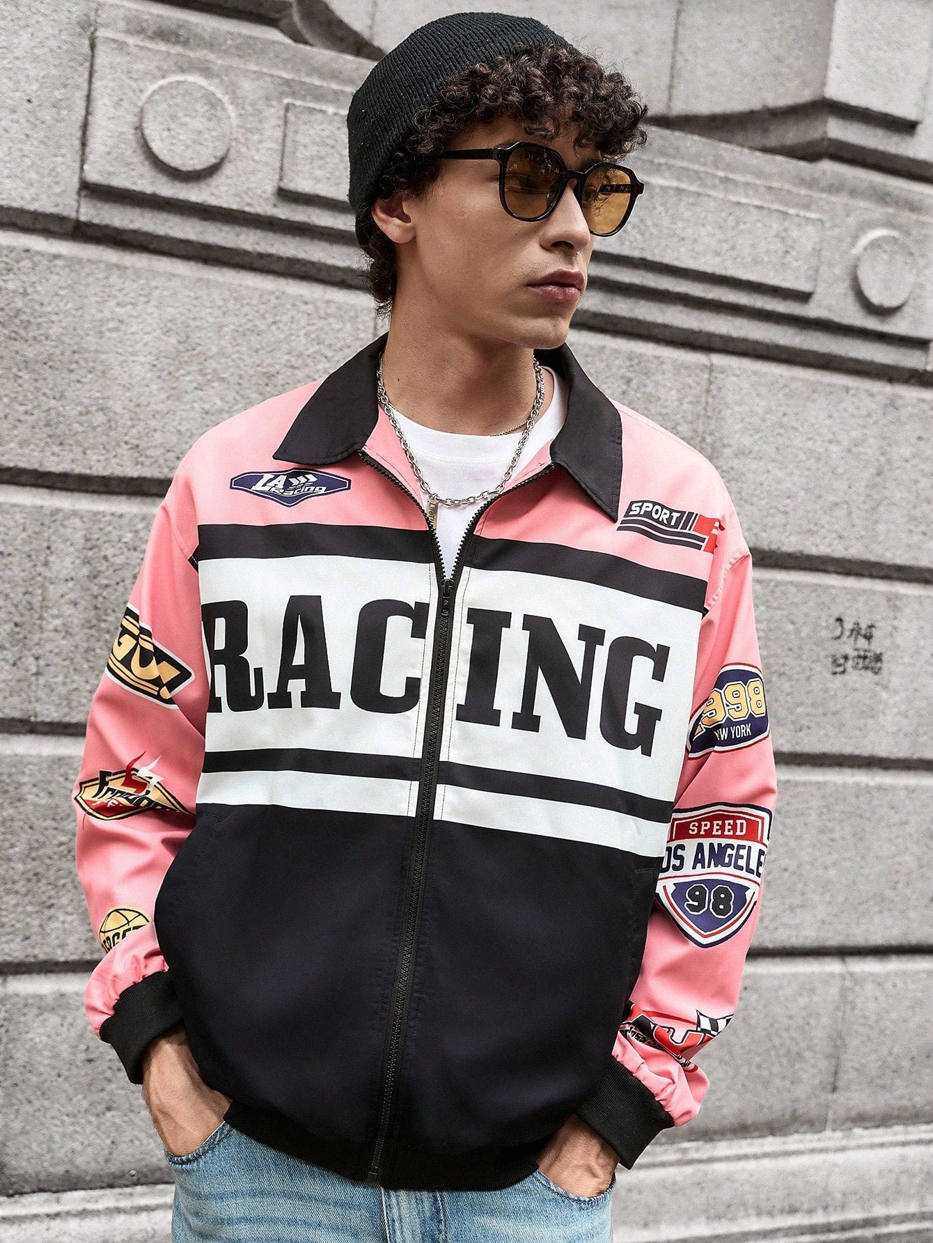 Manfinity RebelGame Men's Woven Casual Loose Fit Long Sleeve Open Front Jacket, Urban Zipper Fashion Colorful Graphic Jacket, For Friends, Husband, Boyfriend Gifts, For Fall Winter