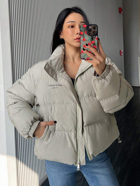 DAZY Cropped Letter Print Thick Padded Coat For Women ,Winter Women Clothes,Winter Coat Women Jacket