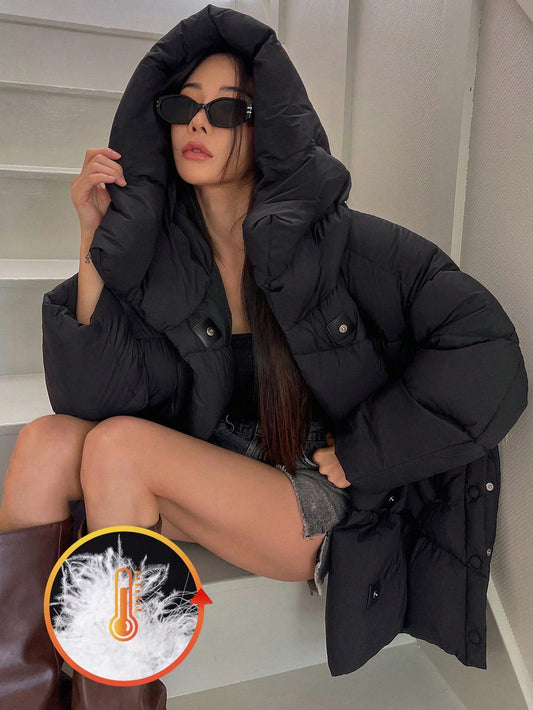 DAZY 1pc Women's Solid Color Long Sleeve Casual Loose Hooded Down Coat, Winter ,Winter Women Clothes,Winter Coat Women Women Jacket,Fall Women Clothes