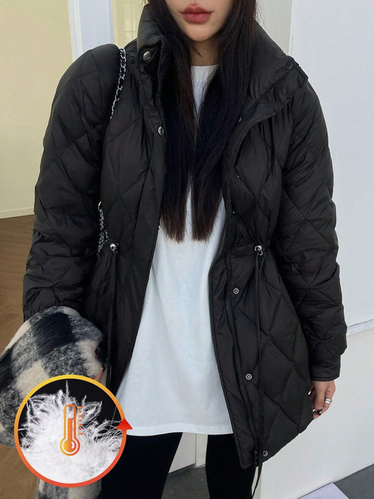 DAZY Winter Drawstring Waist Lightweight Quilted Down Coat, Women Winter Coat Jacket
