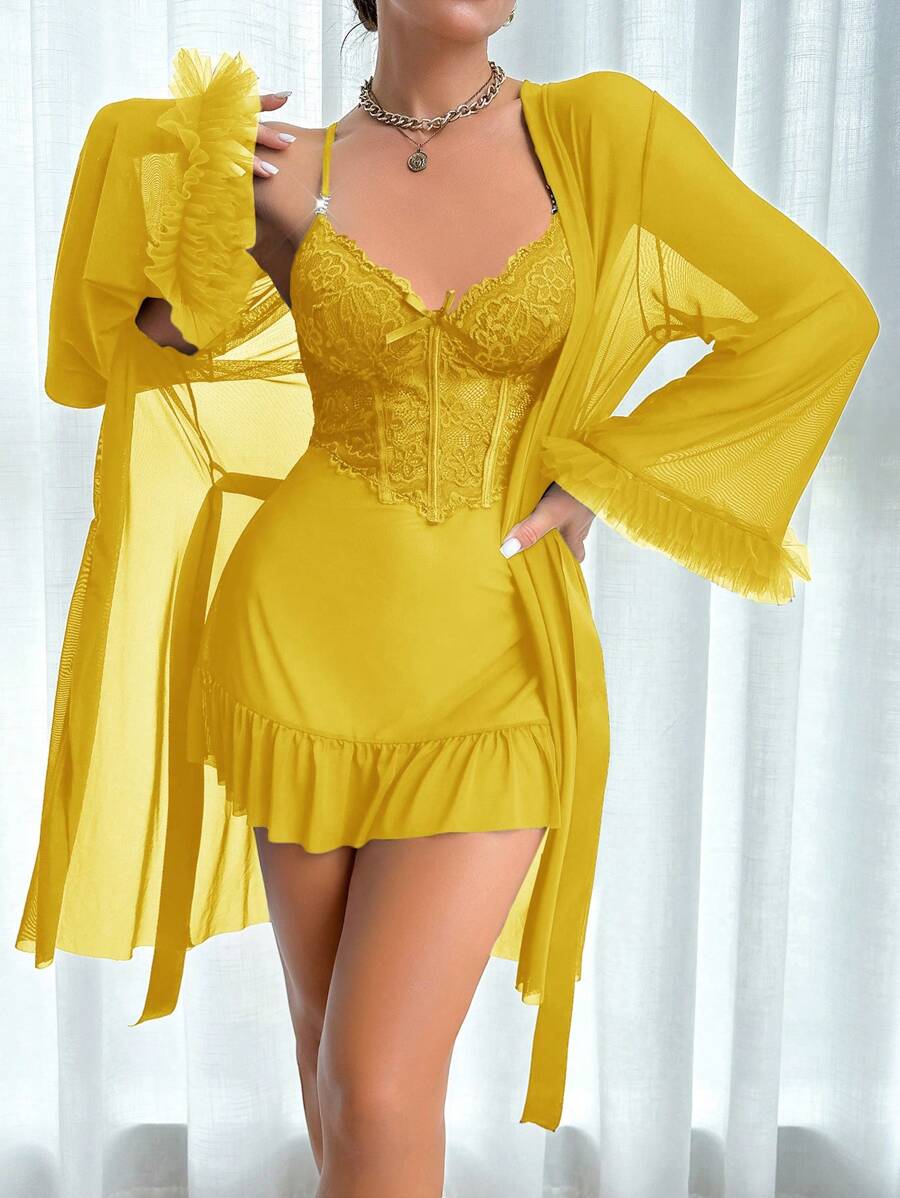 Slumberist 2pcs Set: Fishbone Style Cinch Waist Lace Cami Nightgown