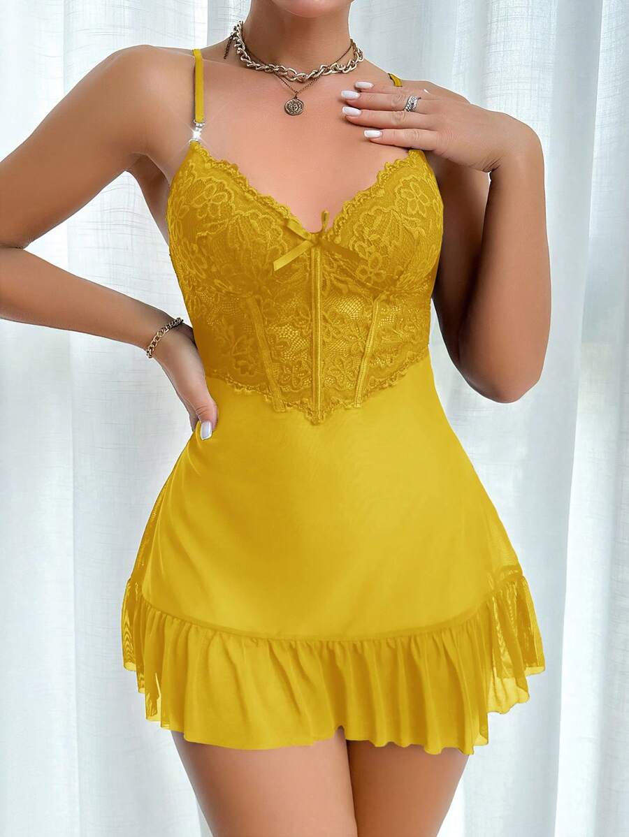 Slumberist 2pcs Set: Fishbone Style Cinch Waist Lace Cami Nightgown