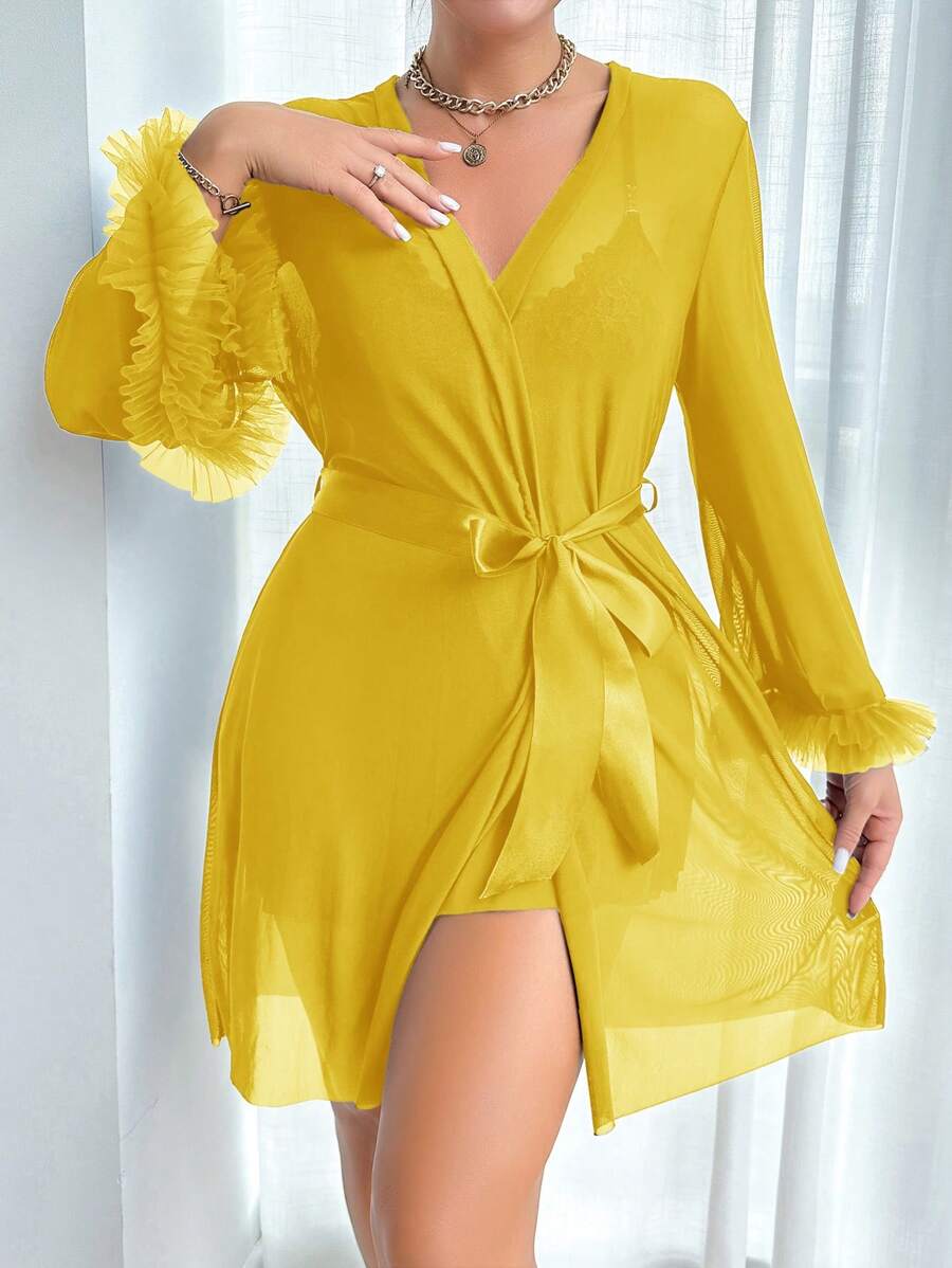 Slumberist 2pcs Set: Fishbone Style Cinch Waist Lace Cami Nightgown