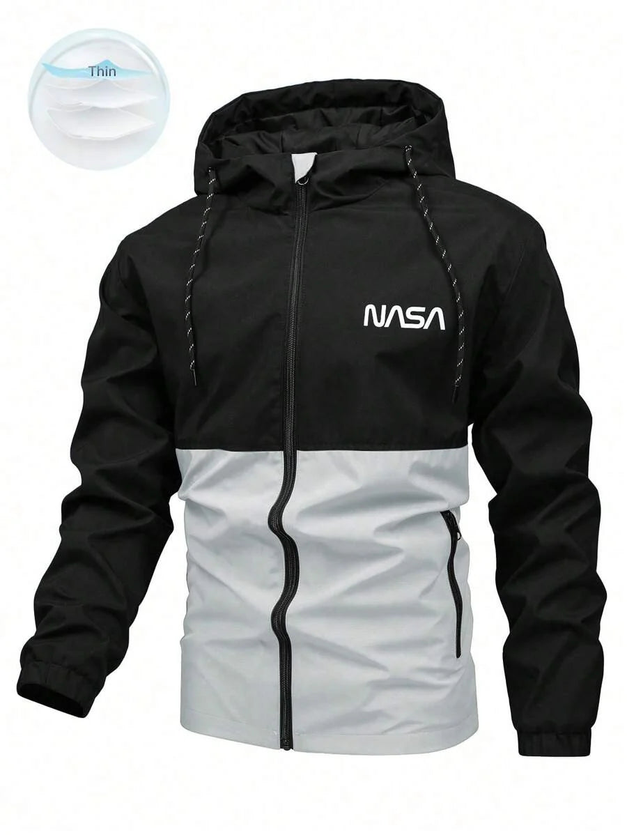 Manfinity Homme Loose Fit Men's Two Tone Letter Graphic Drawstring Hooded Outdoor Windbreaker Jacket, For Fall