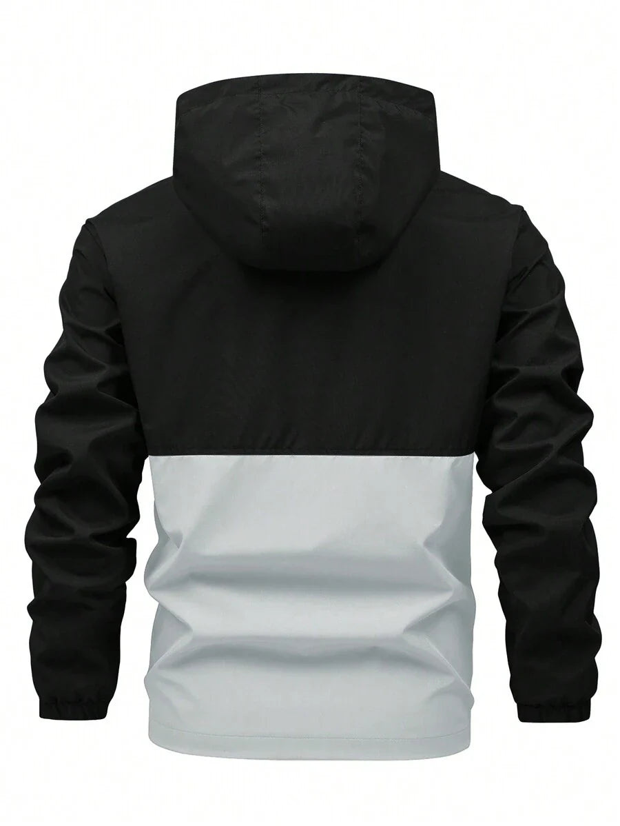 Manfinity Homme Loose Fit Men's Two Tone Letter Graphic Drawstring Hooded Outdoor Windbreaker Jacket, For Fall