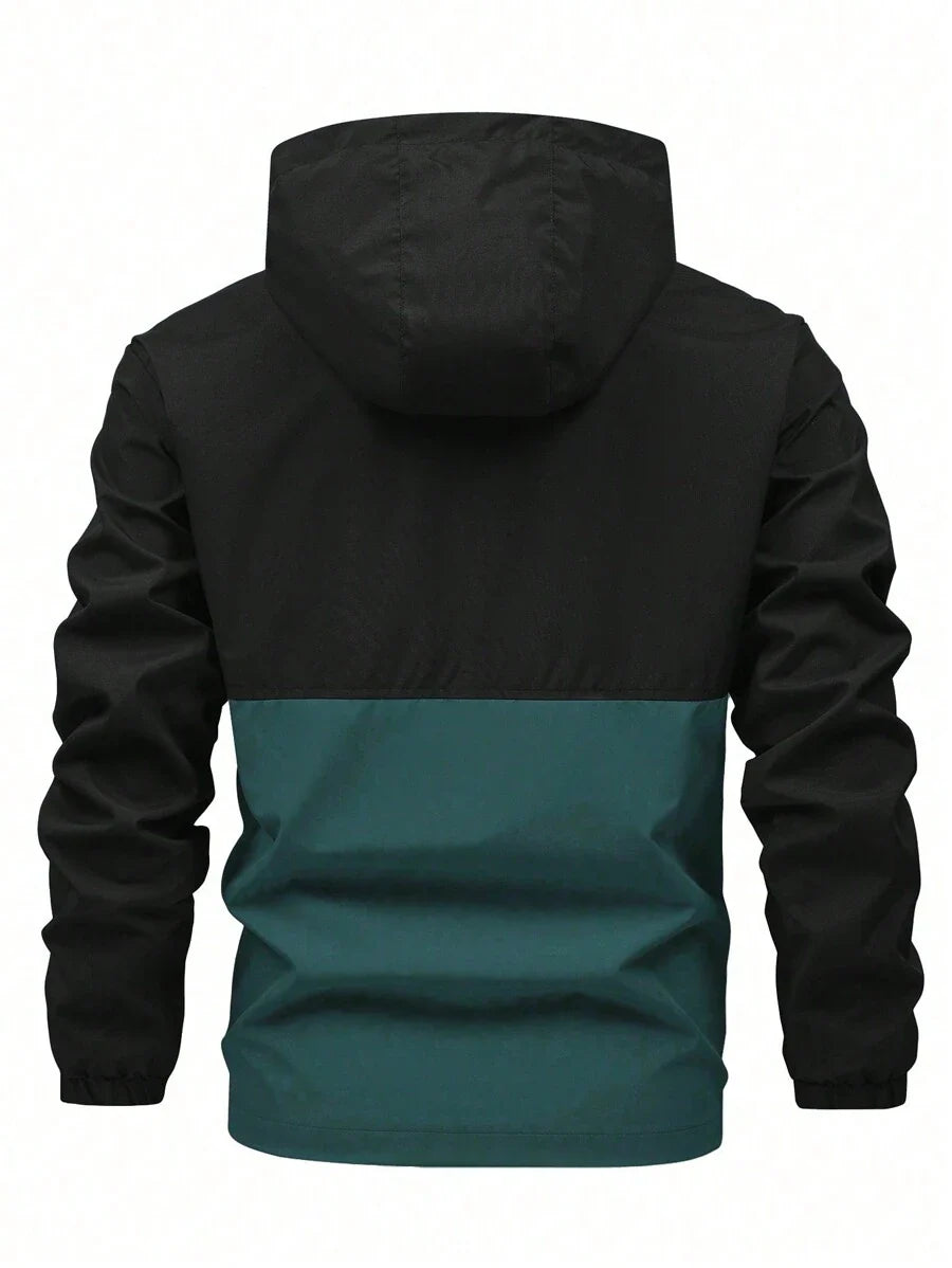 Manfinity Homme Men's Loose Fit Two Tone Letter Graphic Hooded Outdoor Windbreaker Jacket With Drawstring, For Fall