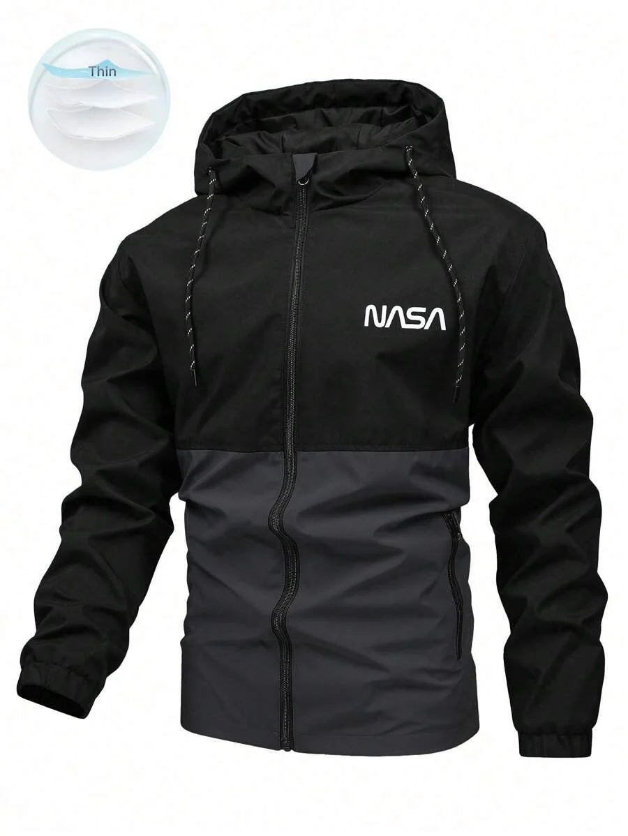 Manfinity Homme Loose Fit Men's Two Tone Letter Graphic Drawstring Hooded Outdoor Windbreaker Jacket, For Fall